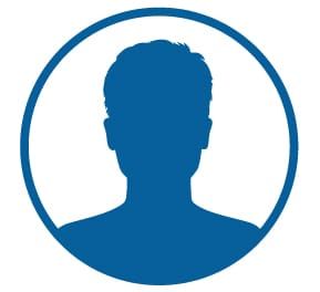 A silhouette of a man 's head in a blue circle.
