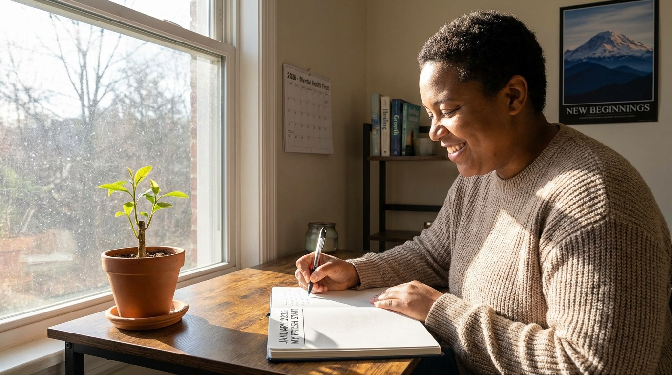 Woman writing in therapy notebook by window with potted plant.