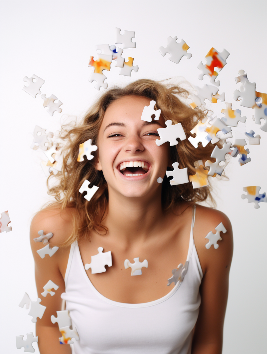 A woman is surrounded by puzzle pieces and laughing, signaling autism 