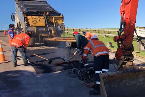 A group of construction workers are working on a road.