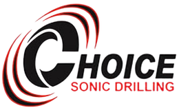 CHOICE Sonic Drilling logo in black and red with stylized circular swooshes