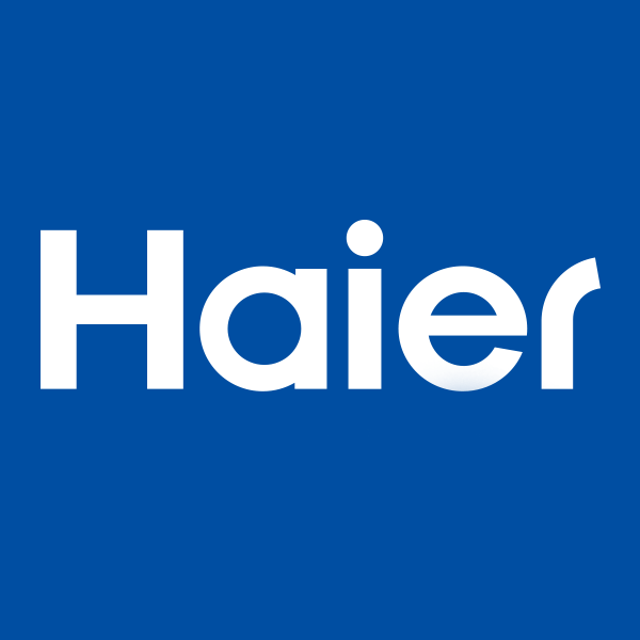 a blue background with the word haier in white letters