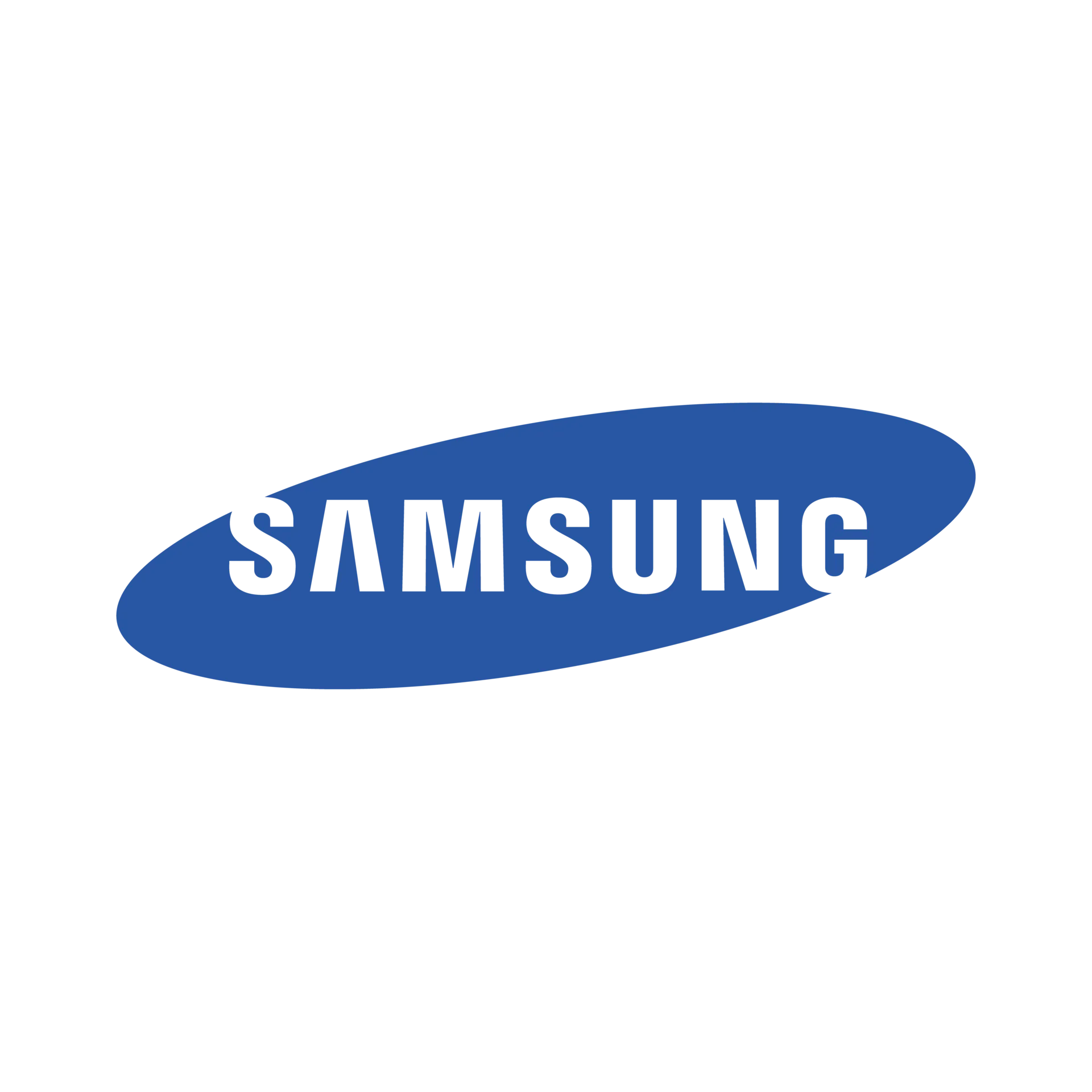 a blue samsung logo on a white background
