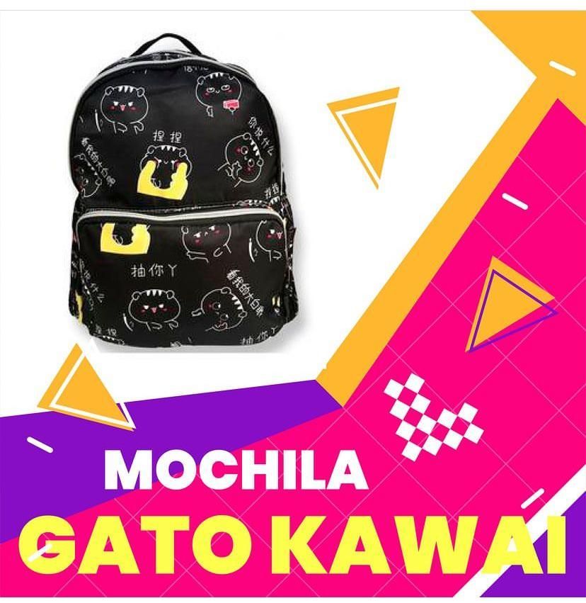 Mochila negra con estampado de gato de dibujos animados