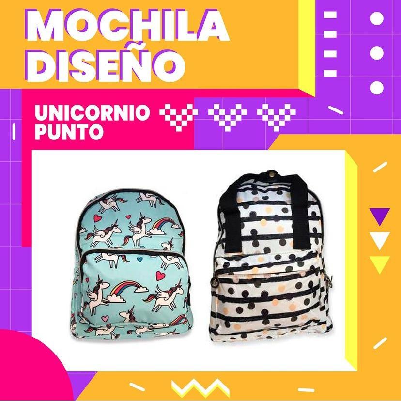 Dos mochilas: una azul con unicornios, otra blanca con lunares negros, sobre un fondo colorido.