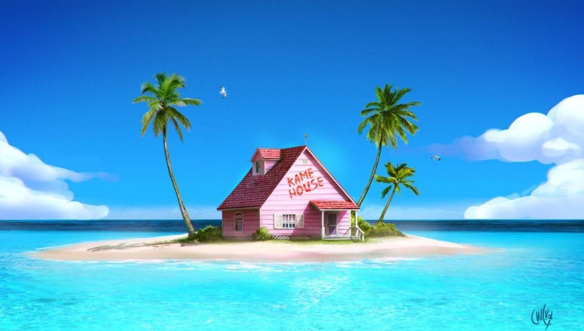 Una casa rosa en una isla tropical, palmeras y un océano azul brillante.