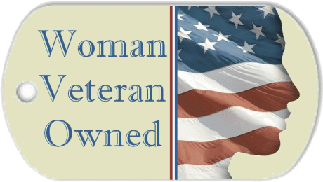 A dog tag that says ' woman veteran owned ' on it