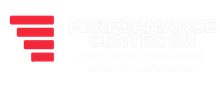 Un logotipo rojo y blanco para una empresa llamada Performance Centers.