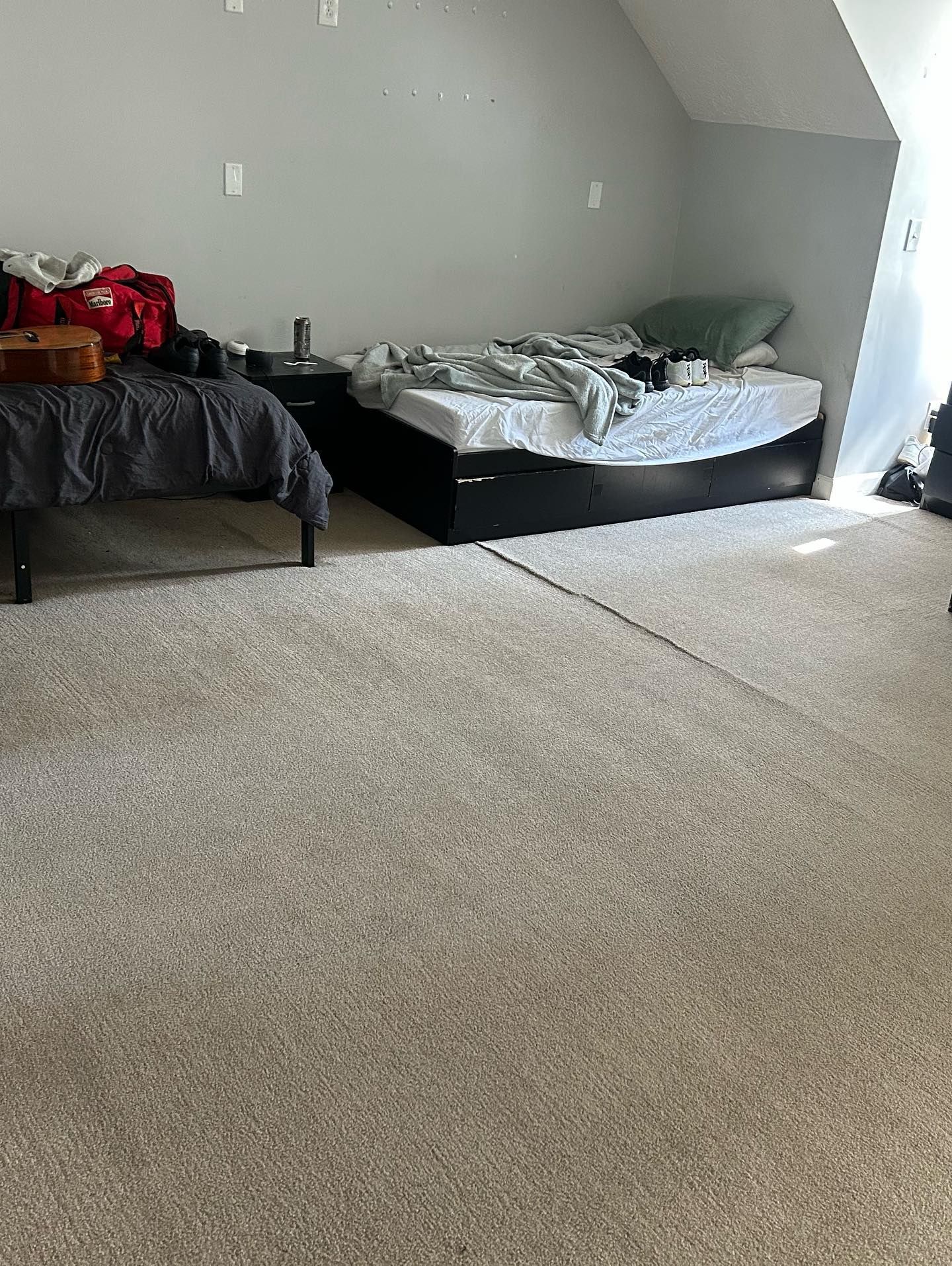 Bedroom with two beds and a cream carpet.
