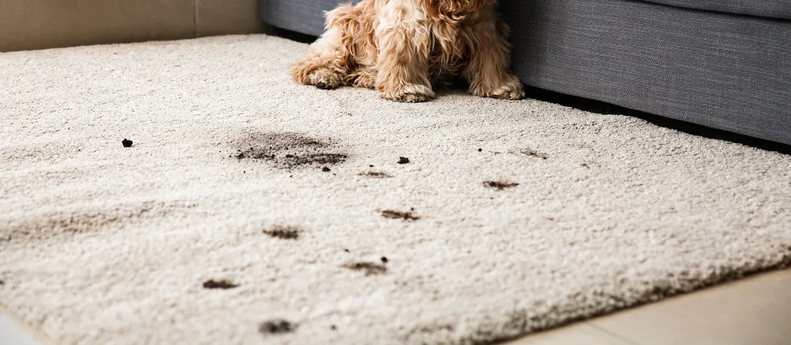 Muddy dog paw prints on a beige rug near a couch.