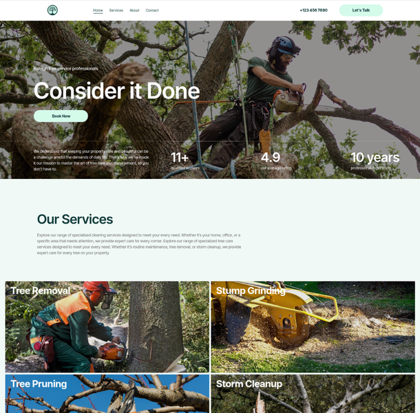 A man is cutting a tree branch with a chainsaw on a website.