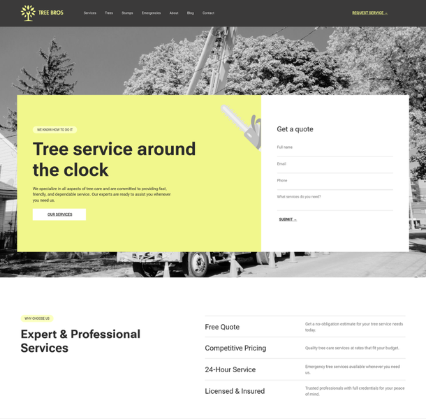 A website for a tree service company called tree service around the clock