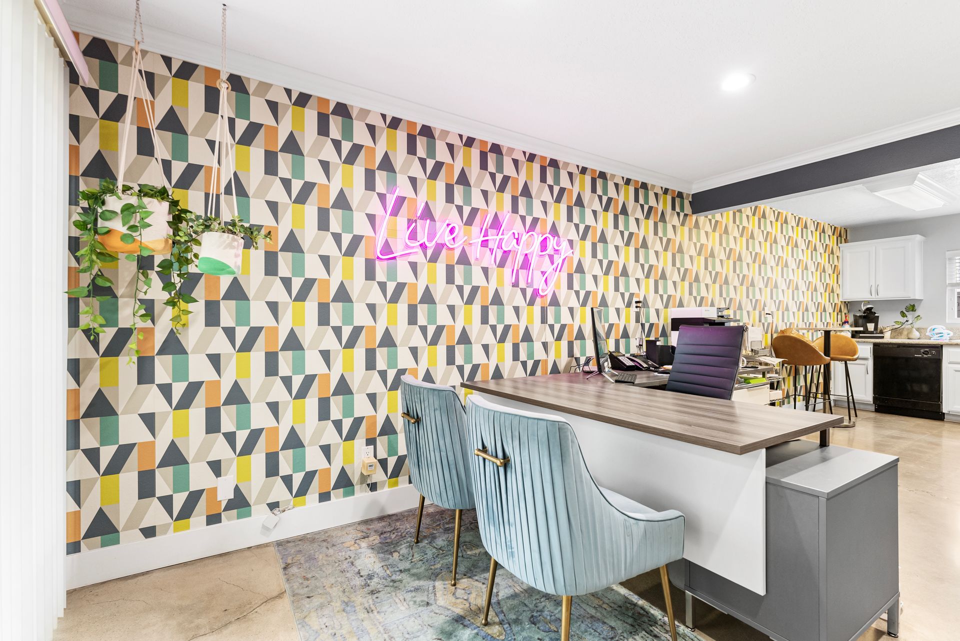 Gallery of exterior and interior photos of Northwind. Including walkways, gray archways, blue front doors, bbq grills, bedrooms with furniture, gated entrances, and main office.