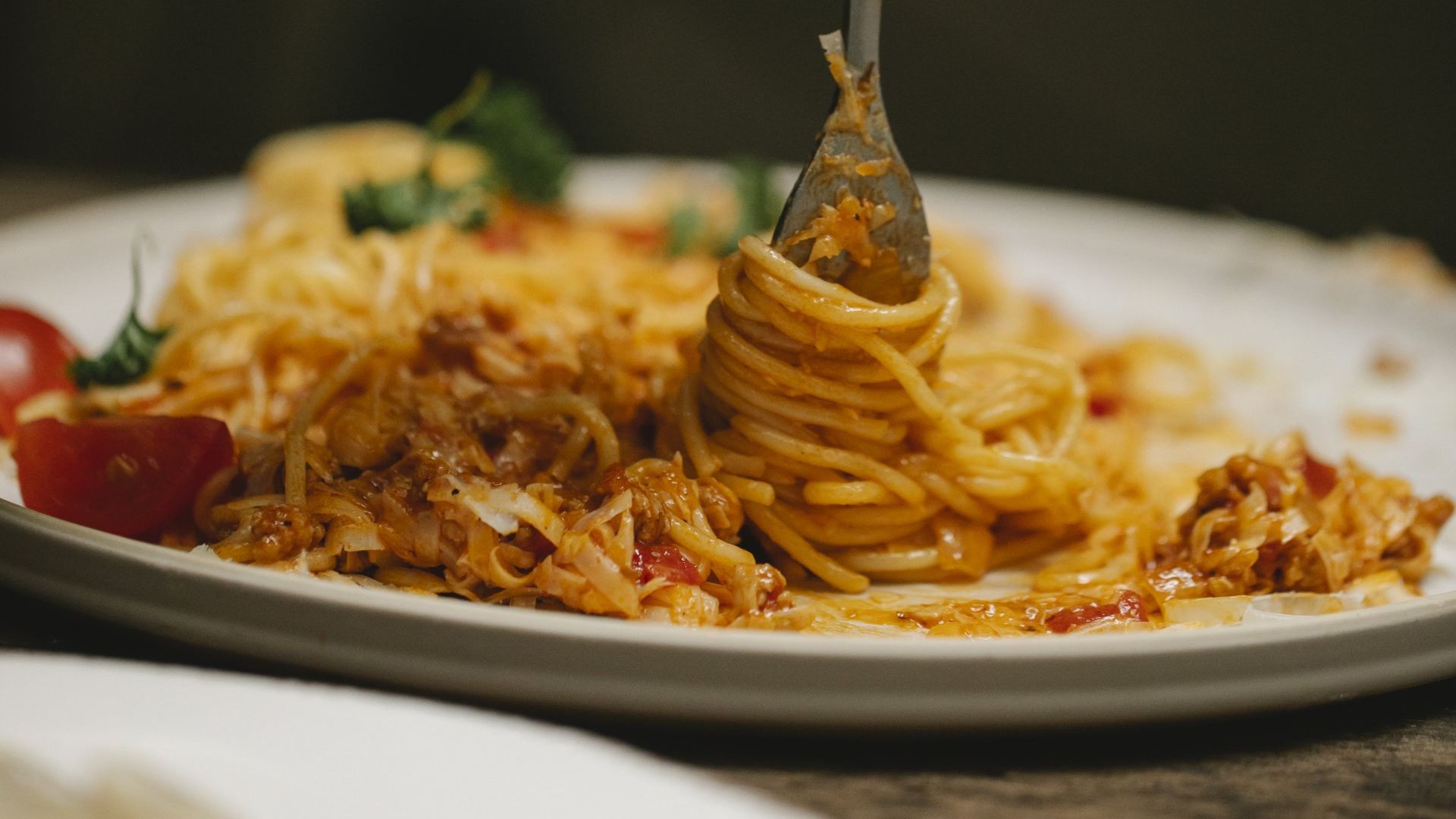 Pasta twirled around a fork