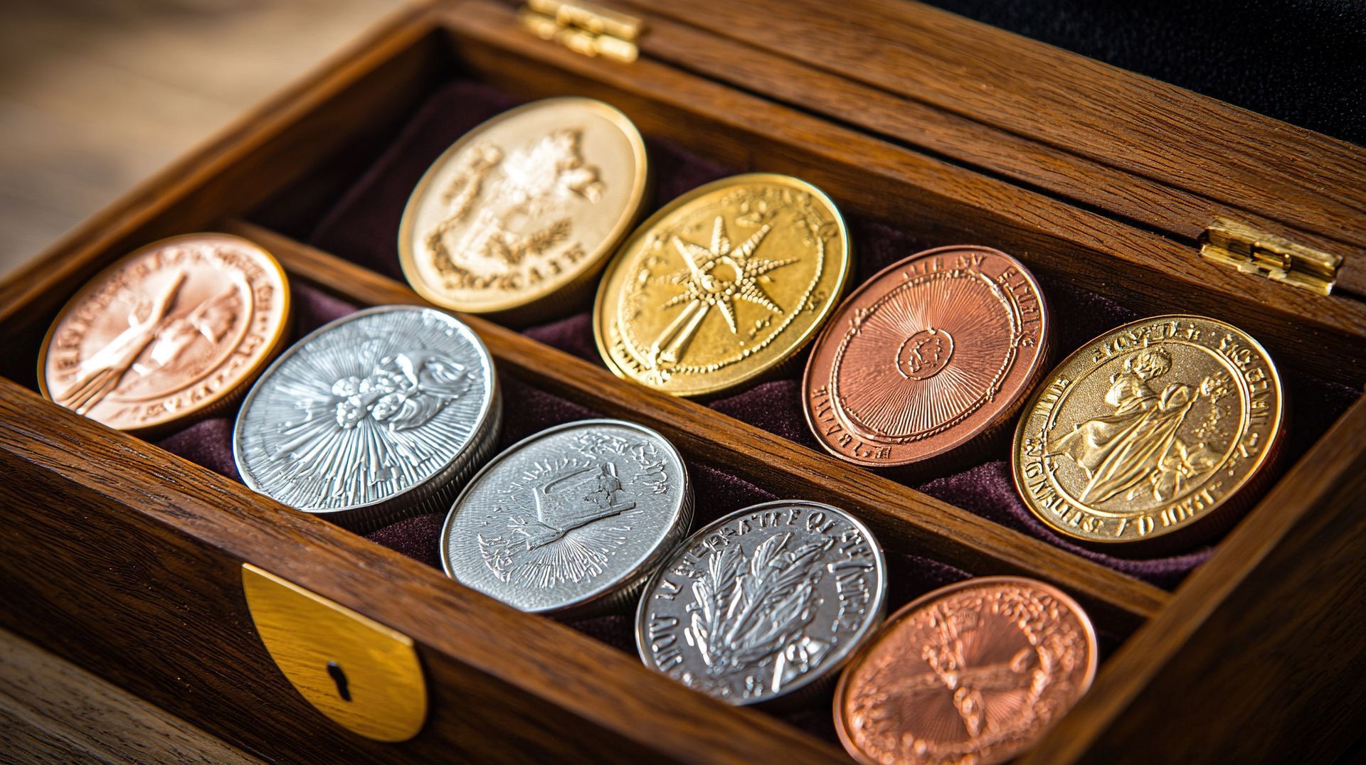 rare coin dealers showcasing collectible gold silver coins displayed in wooden case box.