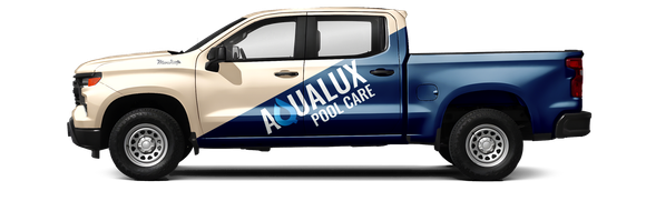 A blue and white truck with the word aqualux on the side