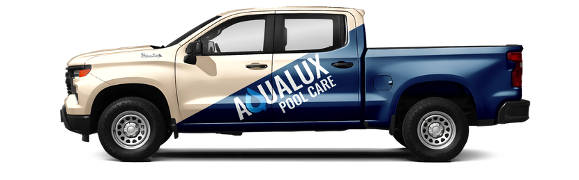 A blue and white truck with the word aqualux on the side