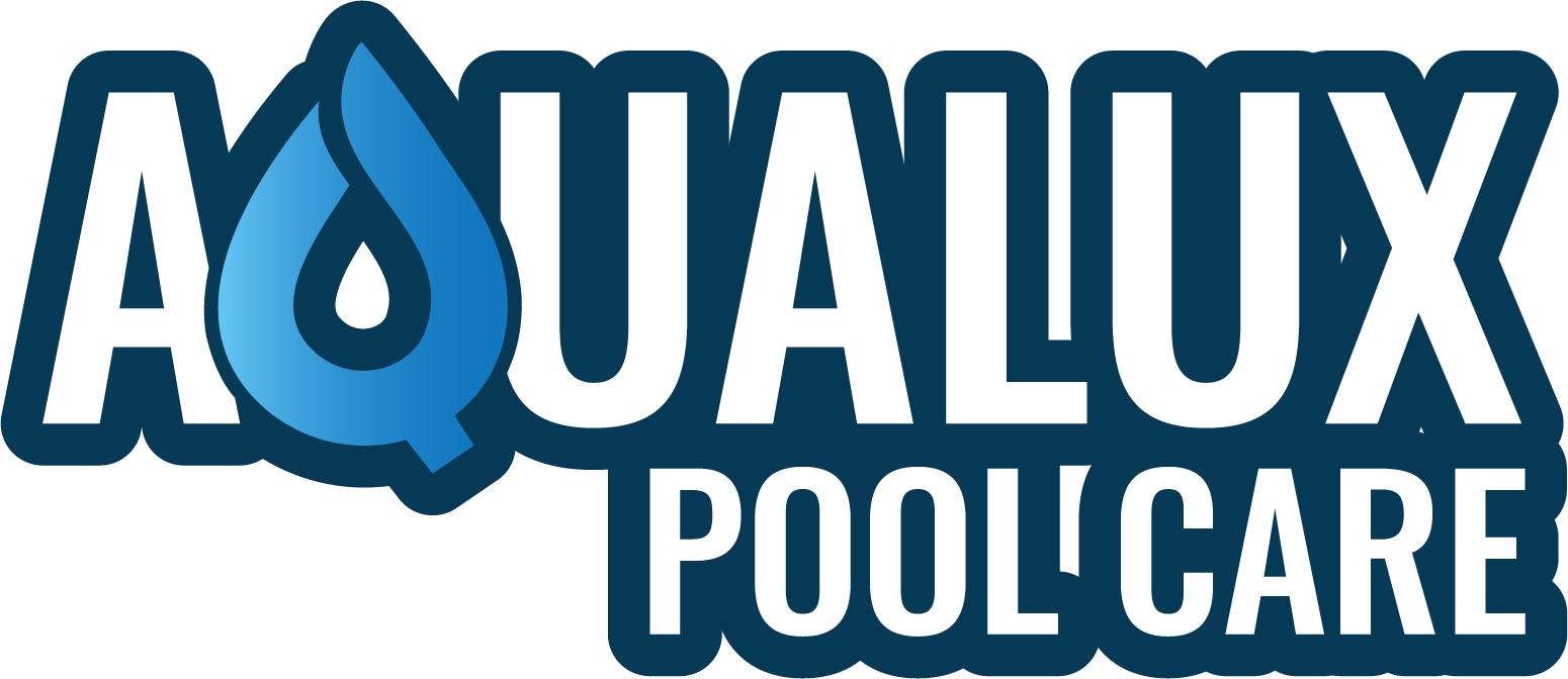 The aqualux pool care logo is blue and white with a drop of water in the middle.