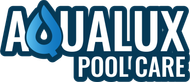 The aqualux pool care logo is blue and white with a drop of water in the middle.