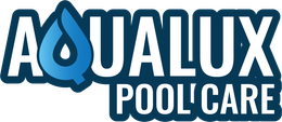 The aqualux pool care logo is blue and white with a drop of water in the middle.