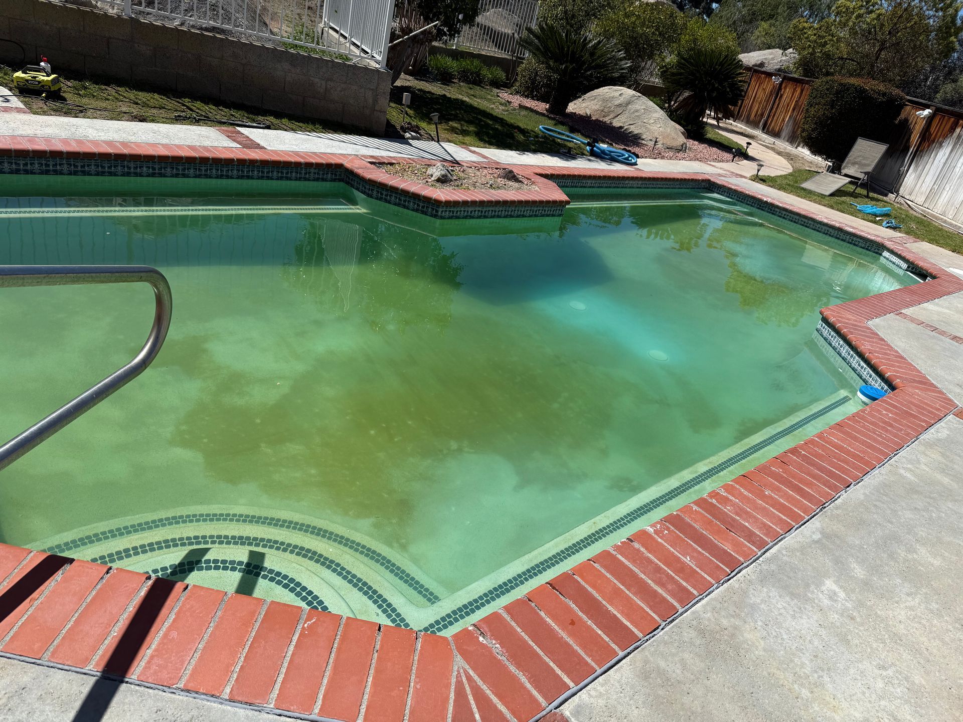 Green algae-filled swimming pool with brick and tile border, set outdoors on a sunny day. A metal handrail is visible.