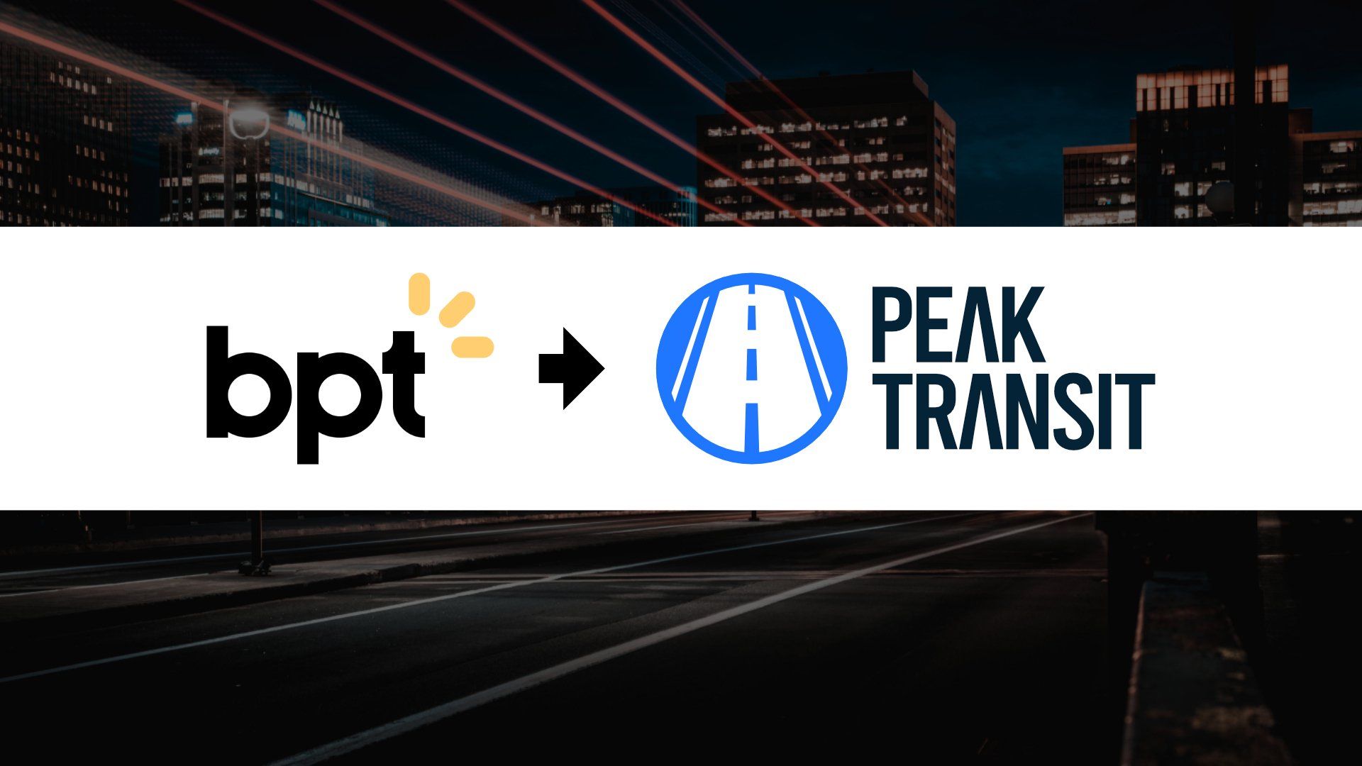 A bpt and peak transit logo with a city in the background