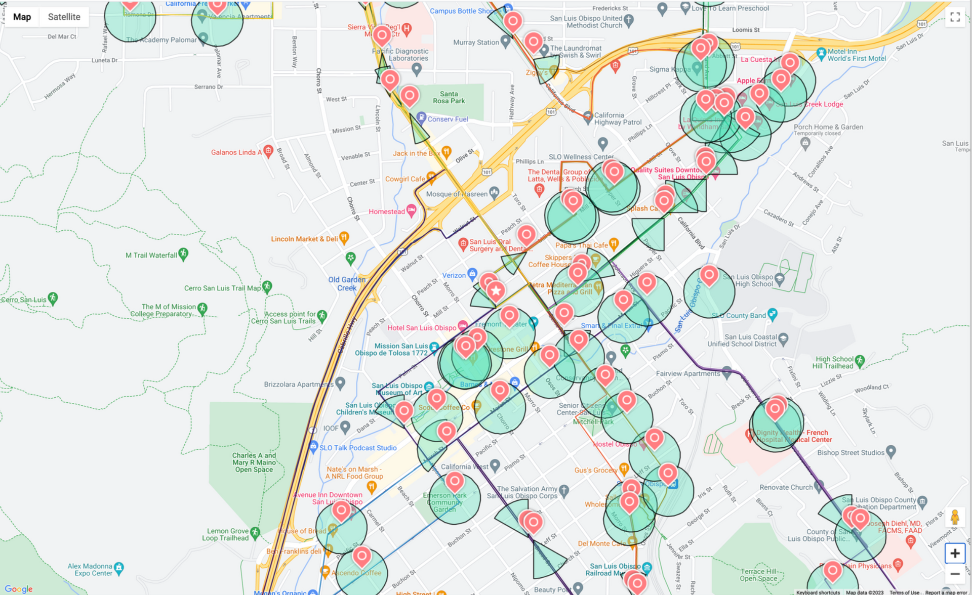 A map of a city with a lot of trees on it.