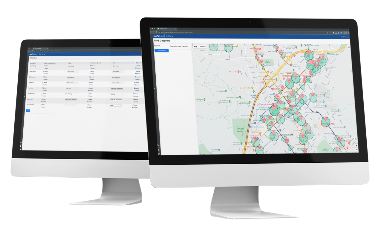 Two computer monitors with maps on them on a white background.