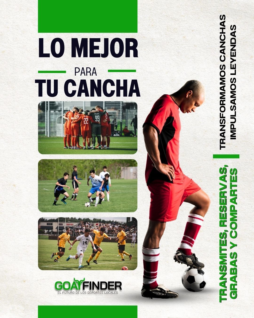 Jugador de fútbol con balón, texto que promociona servicios de campo. Imágenes de equipos y jugadores de fútbol