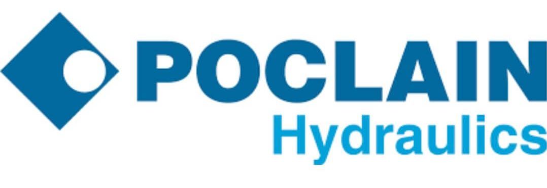 A blue and white logo for poclain hydraulics