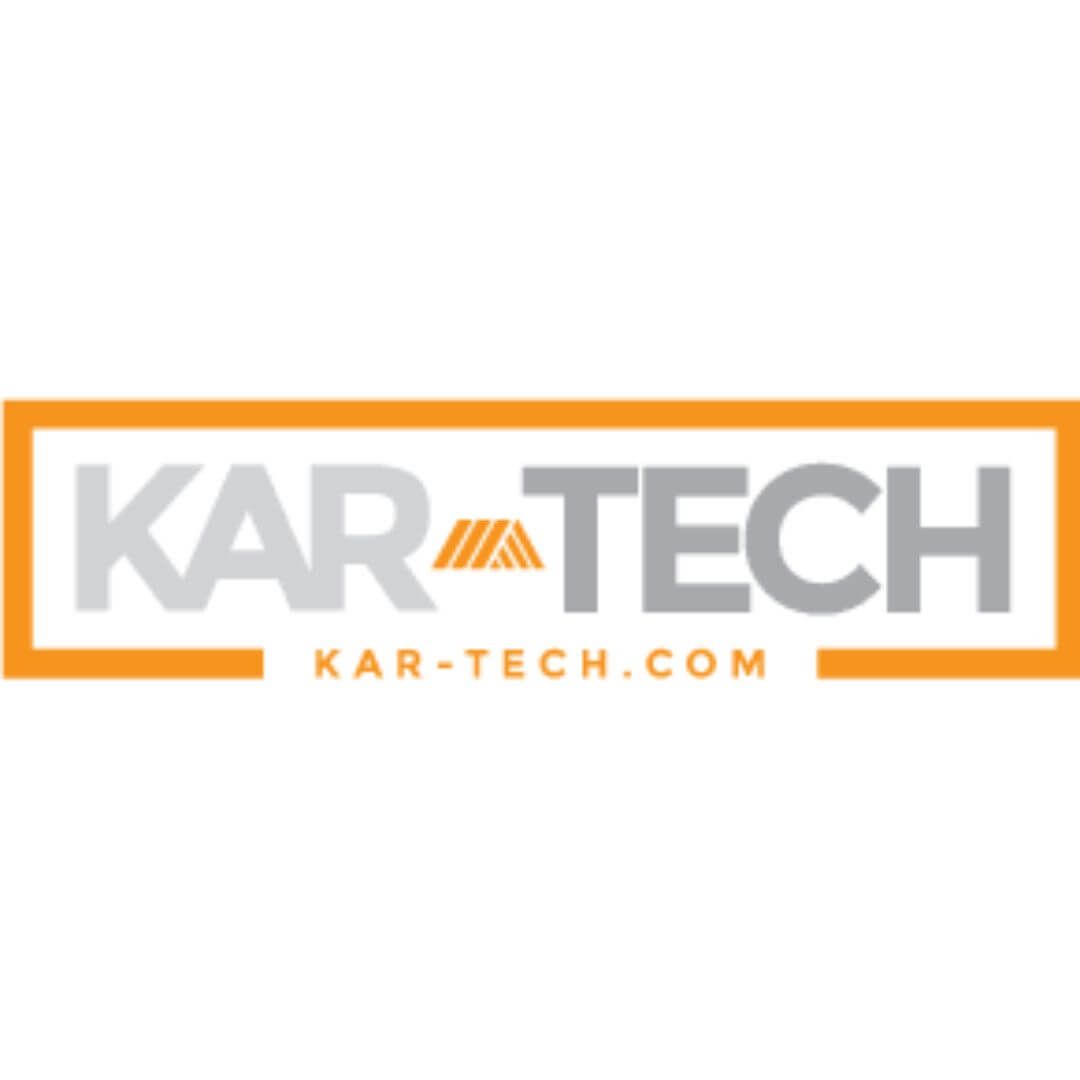 The logo for kar tech is orange and gray