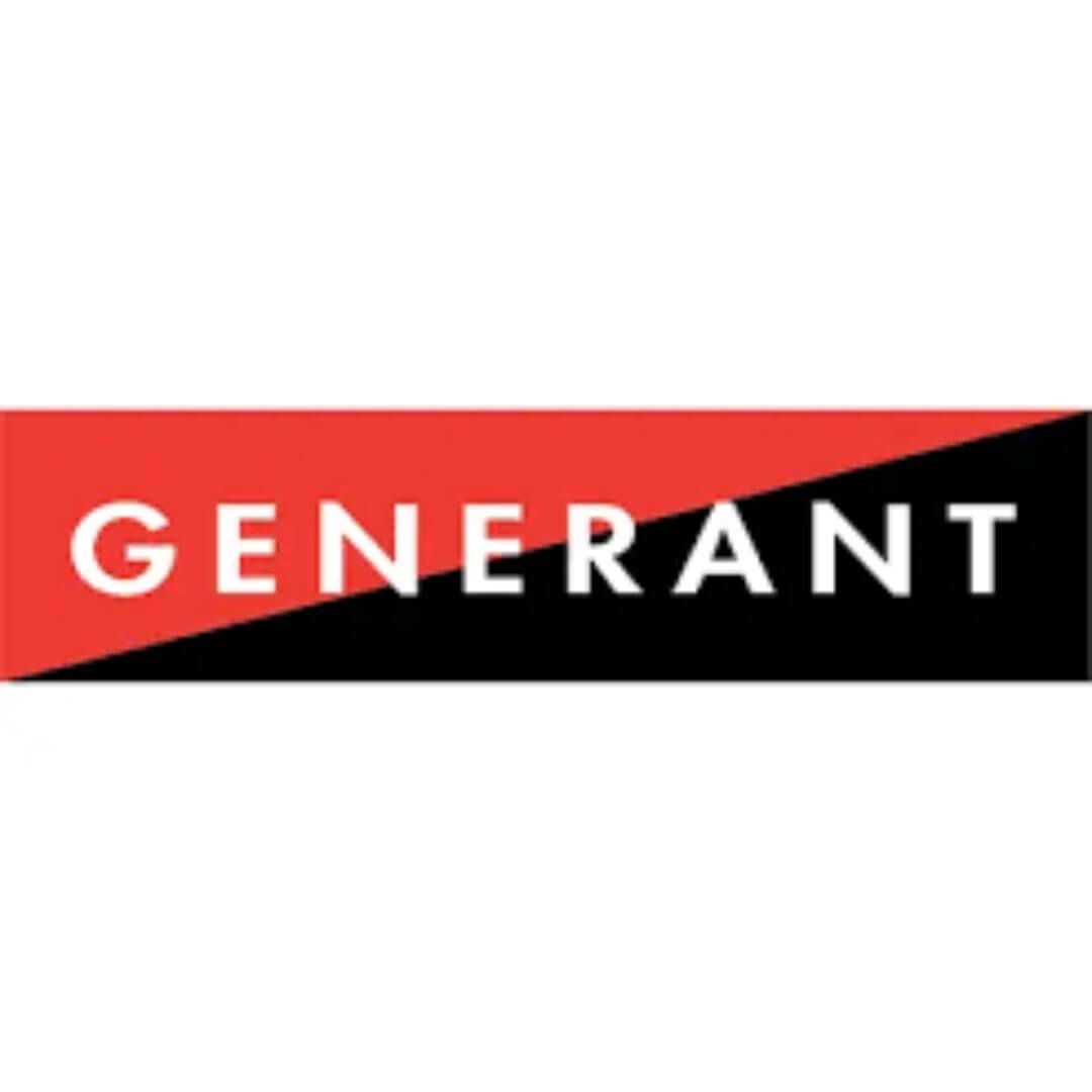 A red and black logo for generant on a white background.