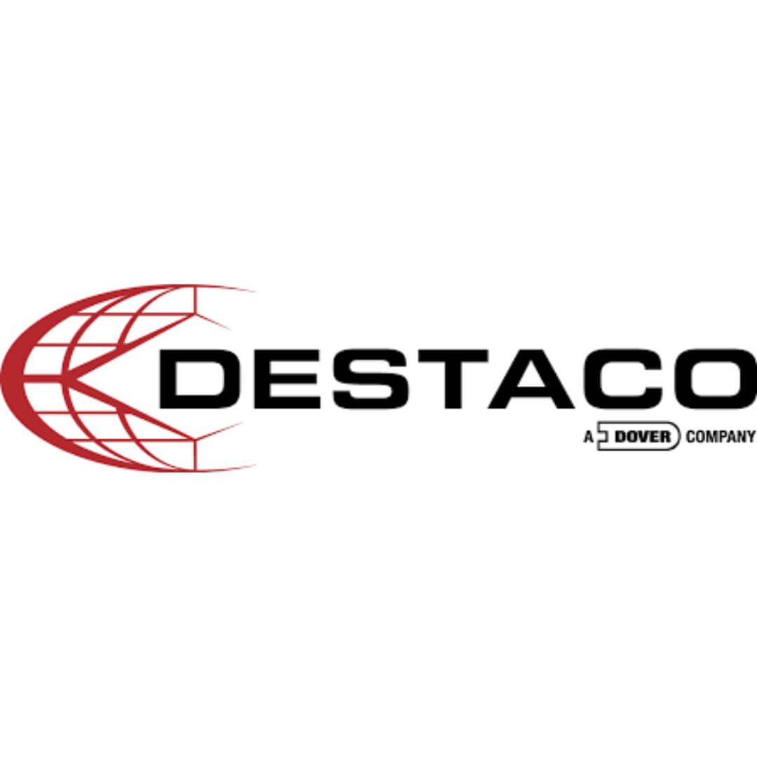 A red and black logo for destaco a dover company