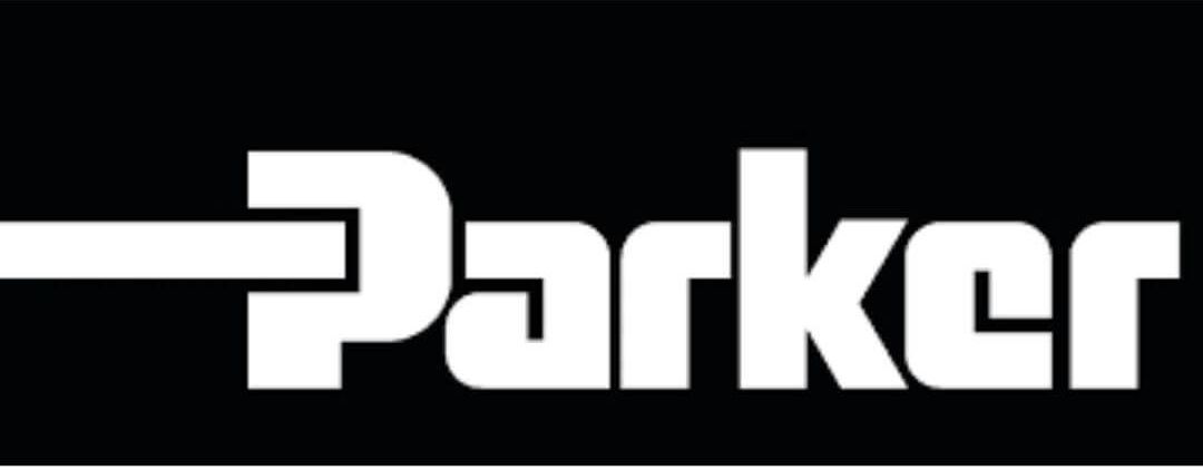 A white parker logo on a black background