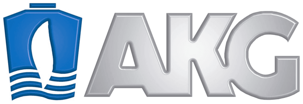 A blue and silver logo for a company called akg.