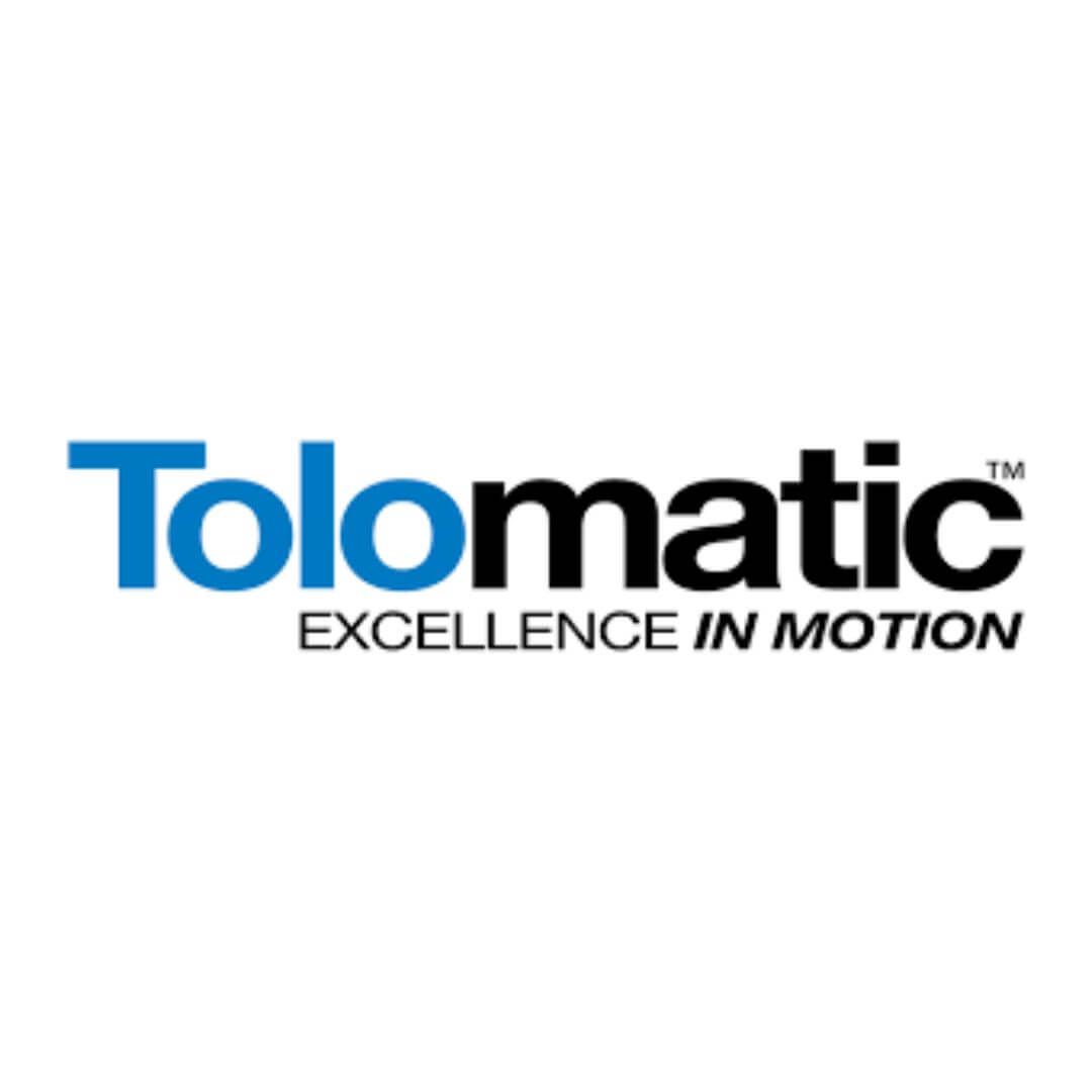 The logo for tolomatic excellence in motion is blue and black.