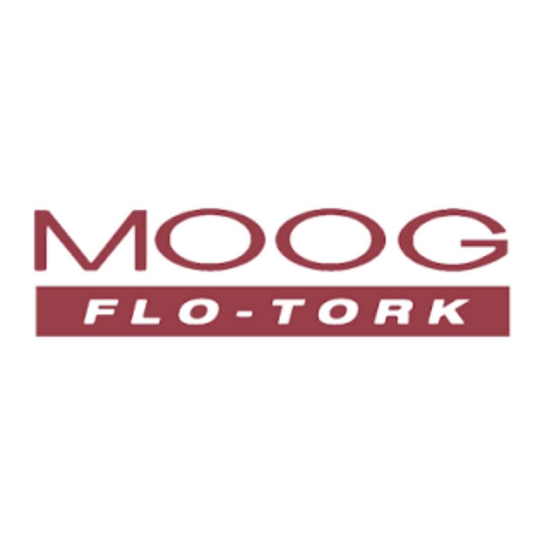 A red and white logo for moog flo-tork