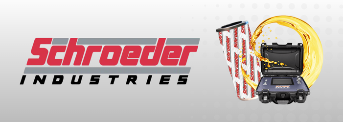 Schroeder Industries logo with a filter, a device and oil splash.