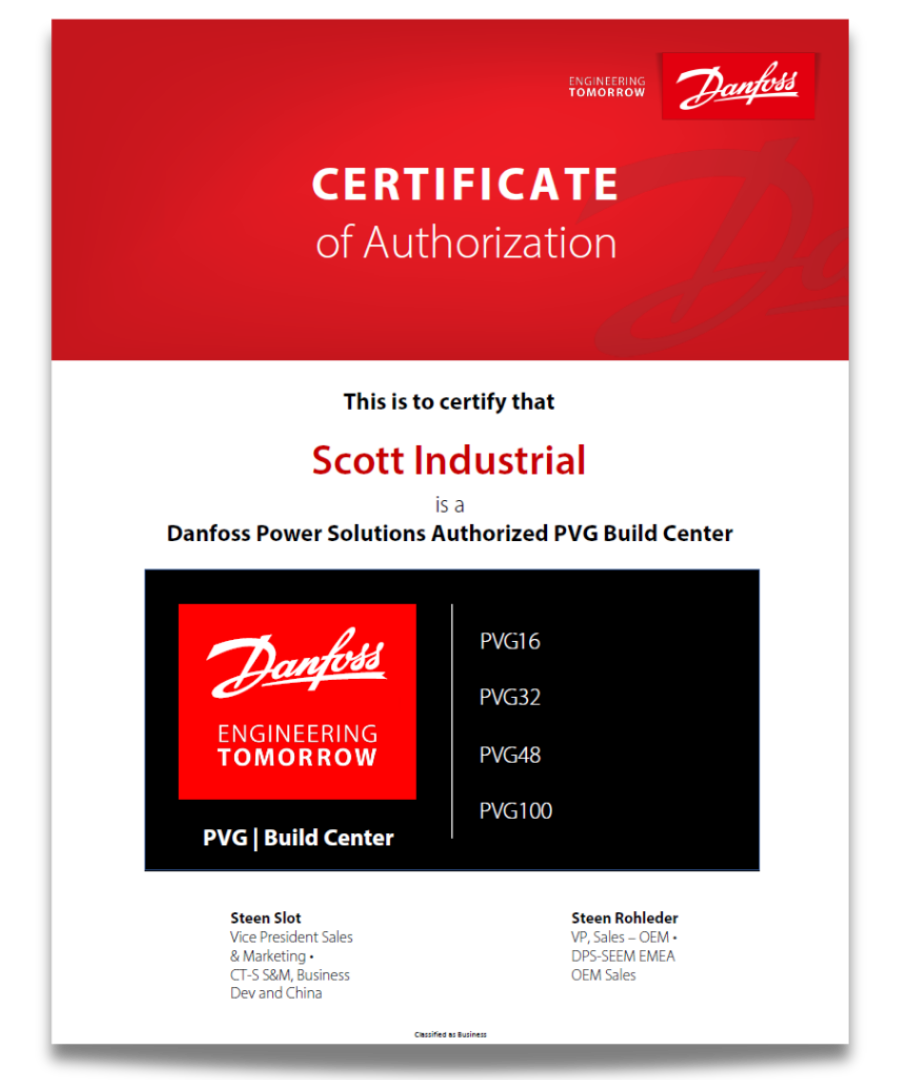 A certificate of authorization for scott industrial is a danfoss power solutions authorized pvg build center.