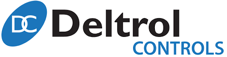 The logo for deltrol controls is blue and black with a blue circle.