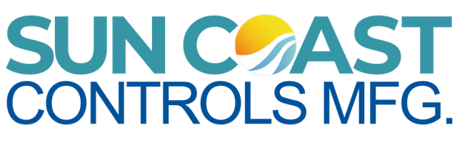 The sun coast controls mfg logo is blue and yellow and says sun coast controls mfg.