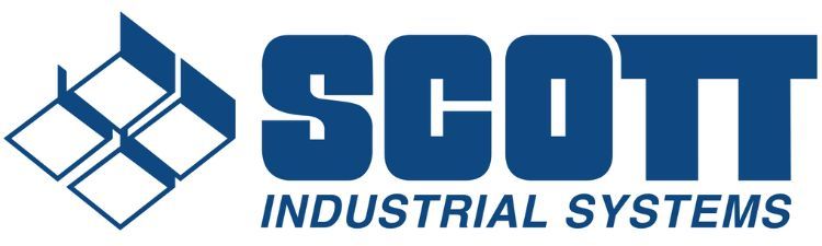 The logo for scott industrial systems is blue and white.