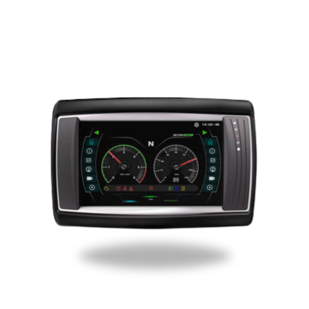 A car dashboard with a compass and a speedometer on it.