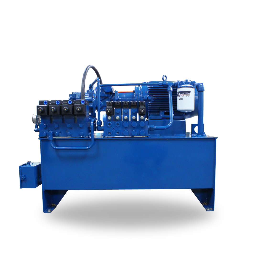 A blue hydraulic system with a motor and filter on a white background.