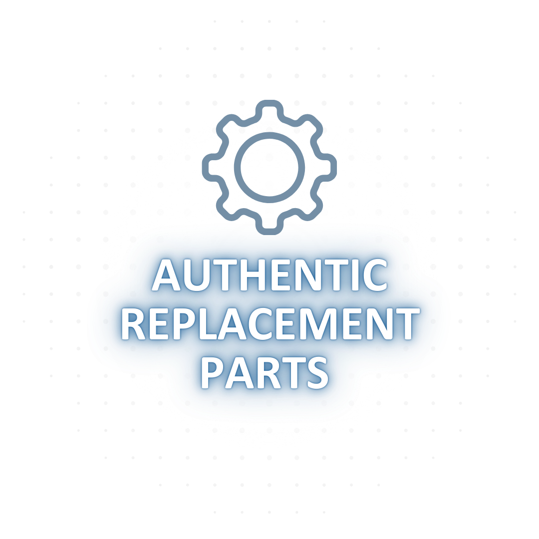 A logo for authentic replacement parts with a gear icon for Moog