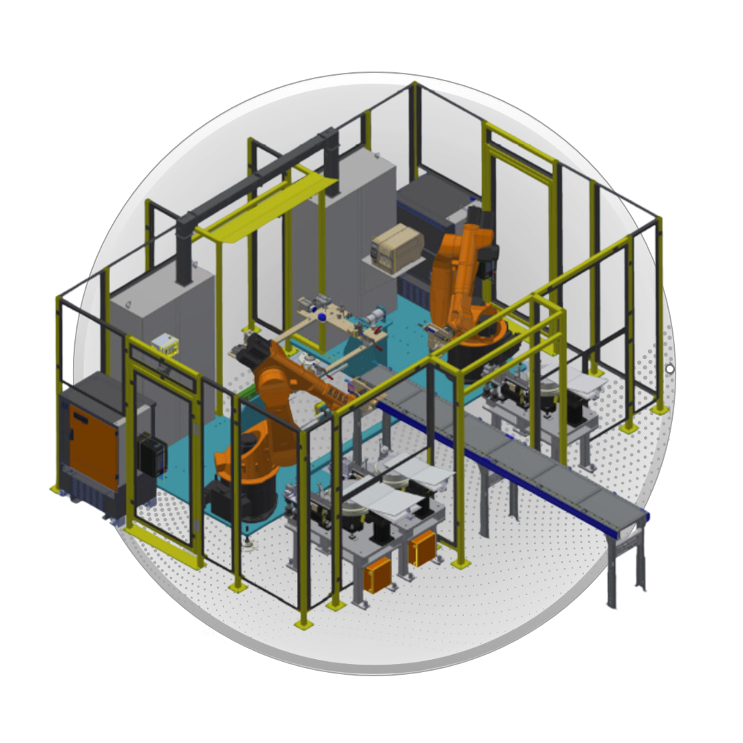 An isometric drawing of a robotic machine in a factory.