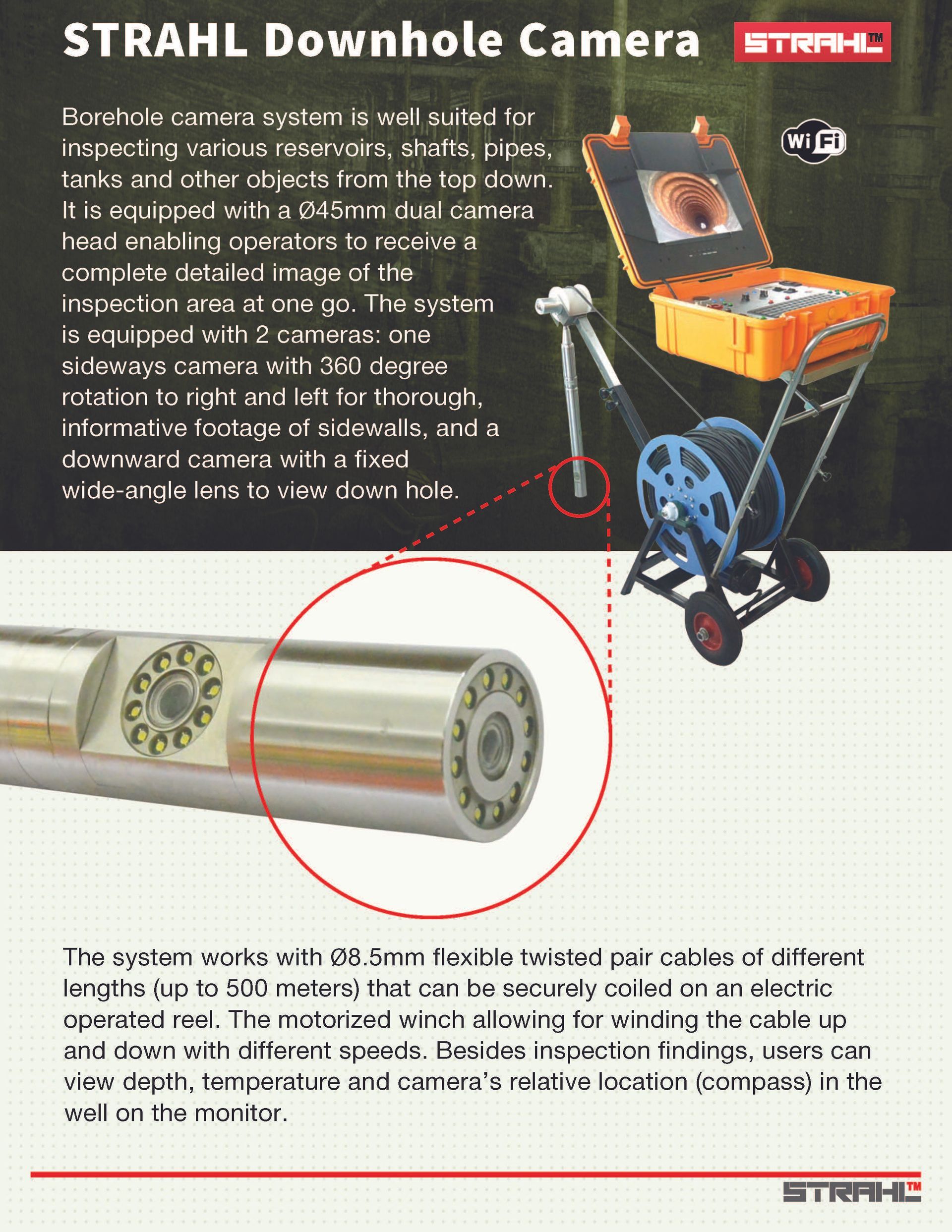 A brochure for a strahl downhole camera with a picture of a camera on a cart.