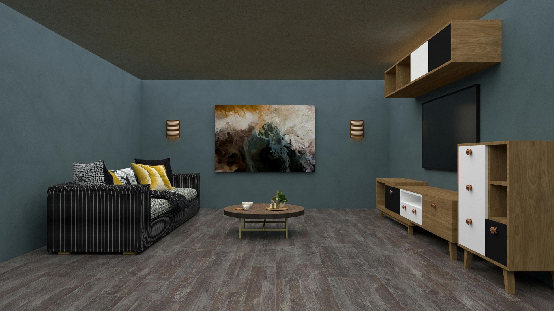 Living room with blue walls, a sofa, TV, and wooden furniture.