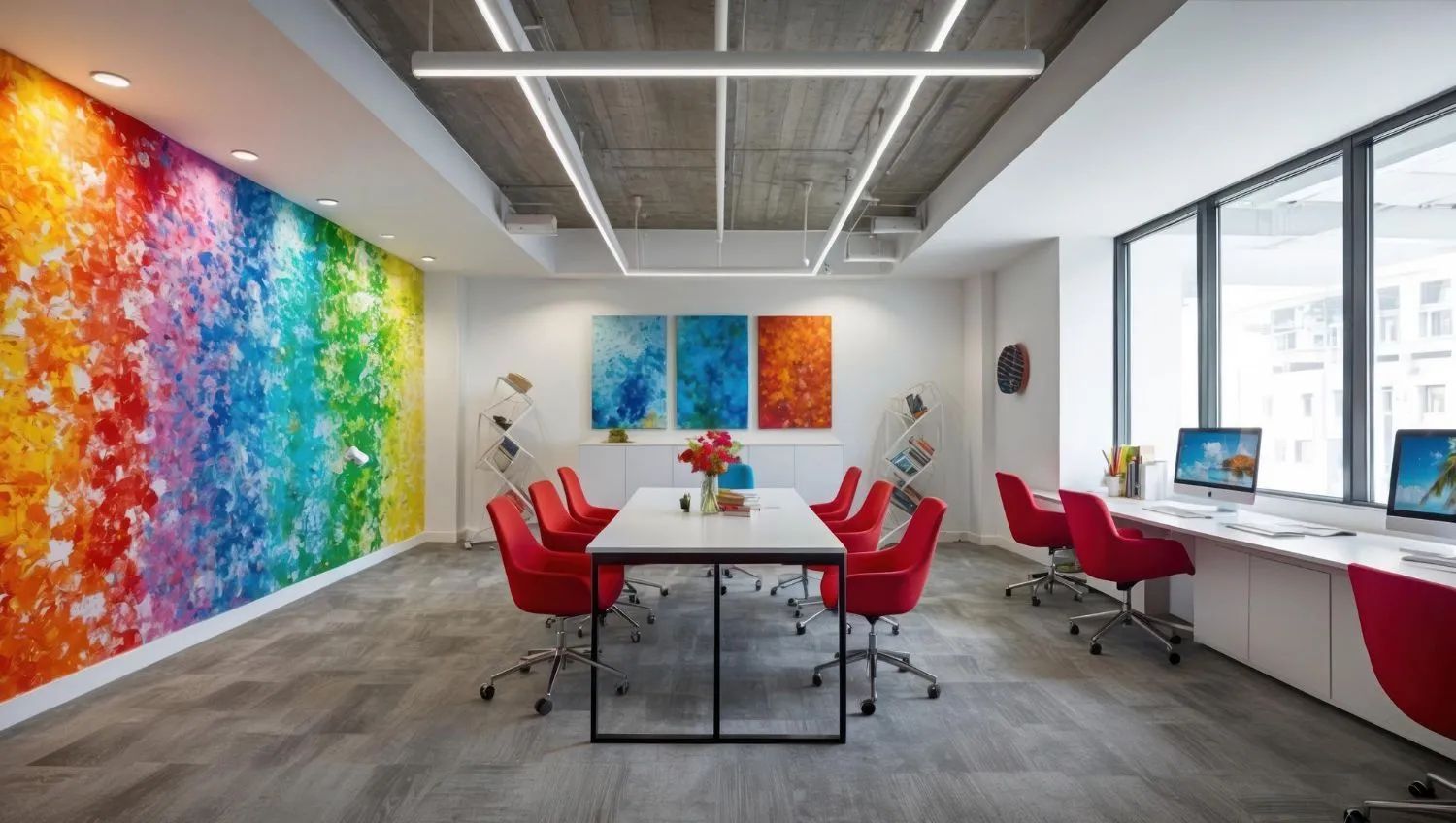 Colorful office space: rainbow wall, conference table with red chairs, computer workstations along windows.