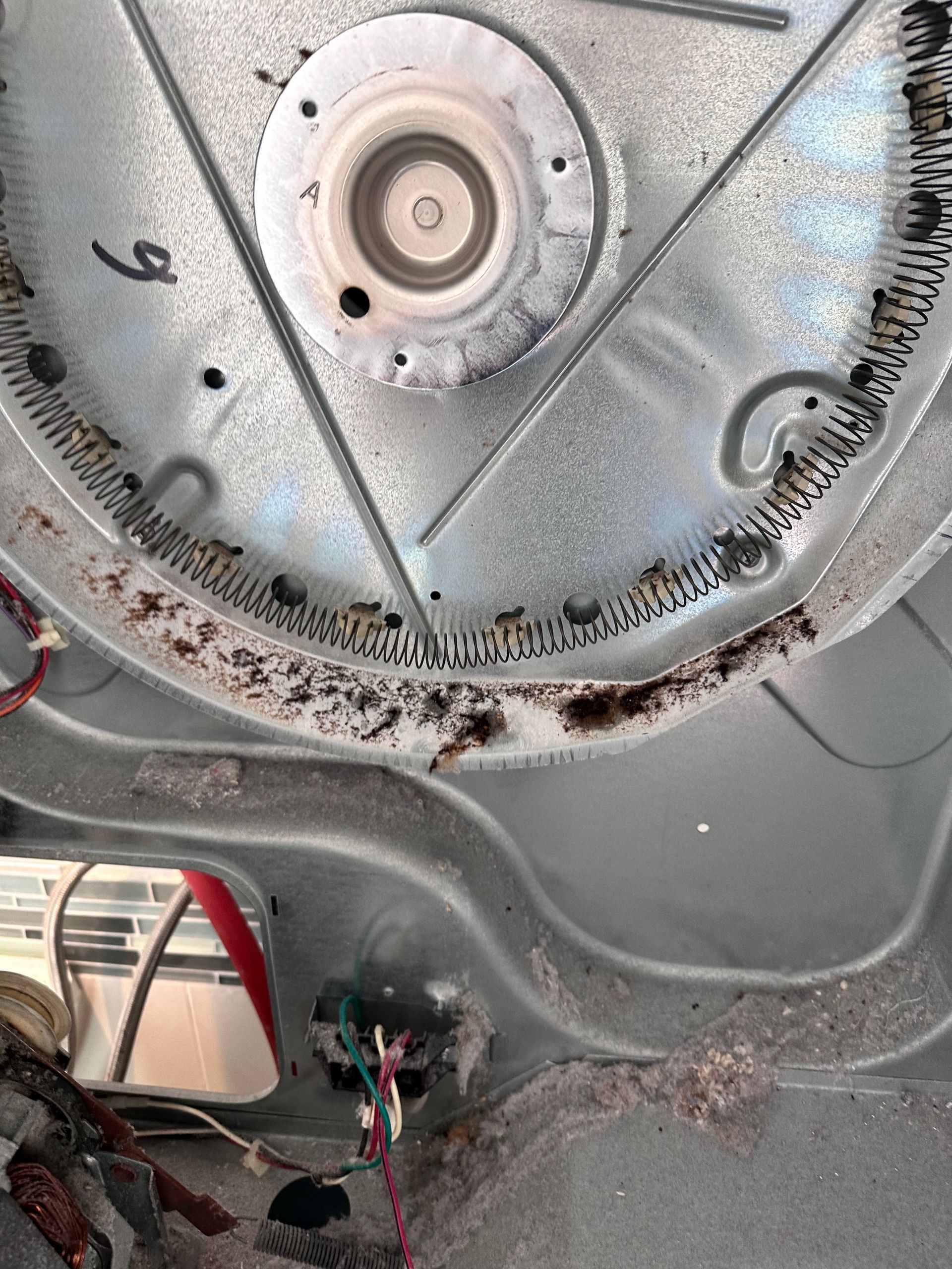Interior of a dryer, showing the heating element with built-up lint and debris. Gray metal and wiring are visible.